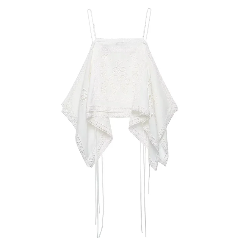 Guobioziy 2026 Women's Summer New Top White Strap Hollow Out Embroidered Asymmetric Top Beach Vacation Stylish
