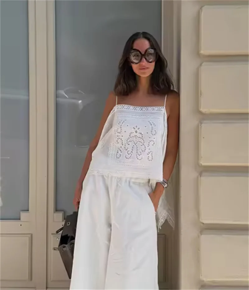 Guobioziy 2026 Women's Summer New Top White Strap Hollow Out Embroidered Asymmetric Top Beach Vacation Stylish