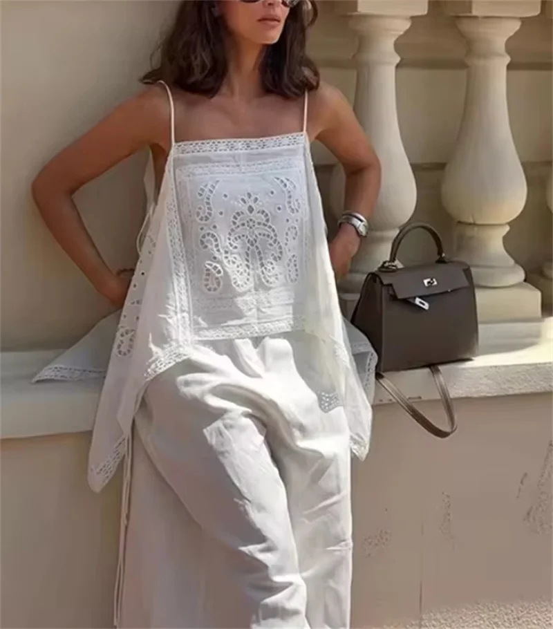 Guobioziy 2026 Women's Summer New Top White Strap Hollow Out Embroidered Asymmetric Top Beach Vacation Stylish