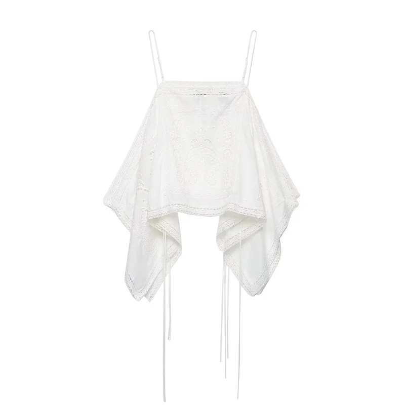 Guobioziy 2026 Women's Summer New Top White Strap Hollow Out Embroidered Asymmetric Top Beach Vacation Stylish