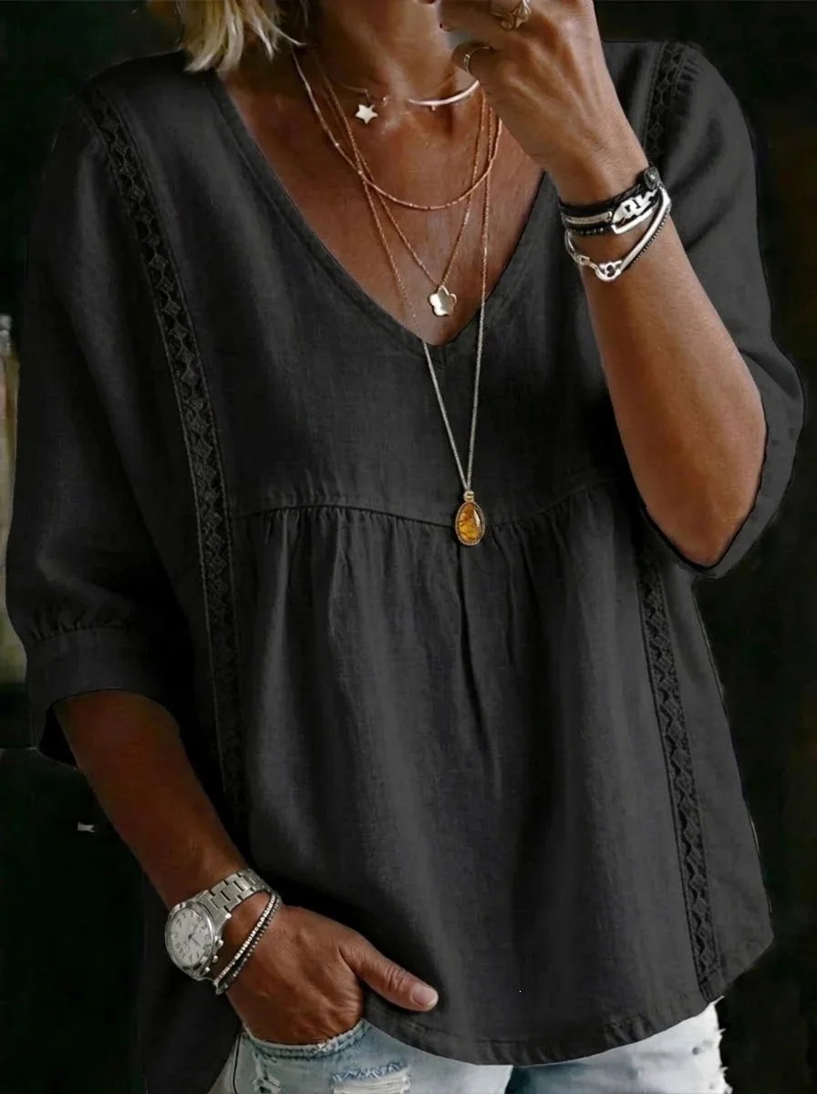 2026 Women's Cross-Border New Fashion Lace V-Neck Pullover Solid Color Casual Three-Quarter Sleeve Blouse