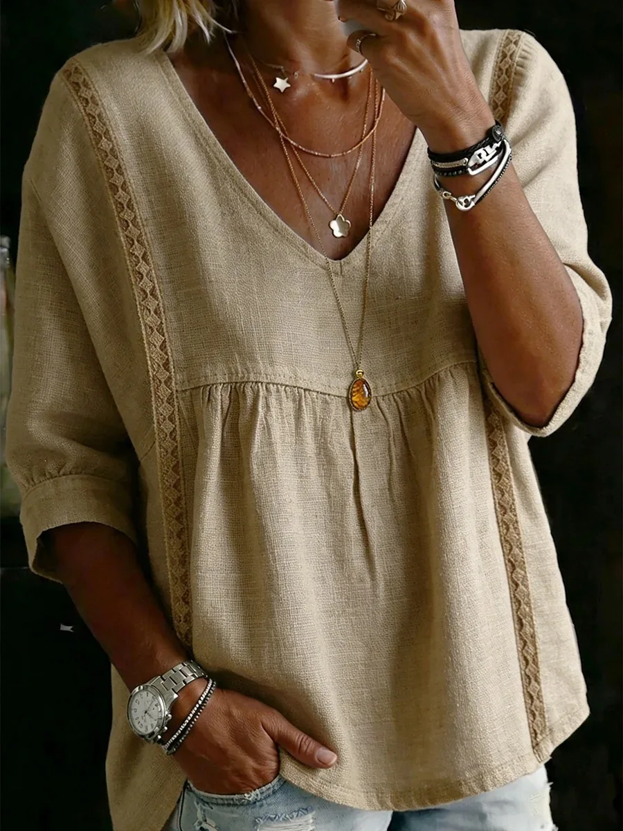 2026 Women's Cross-Border New Fashion Lace V-Neck Pullover Solid Color Casual Three-Quarter Sleeve Blouse