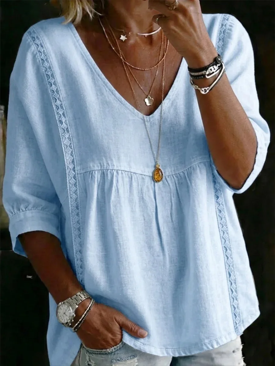 2026 Women's Cross-Border New Fashion Lace V-Neck Pullover Solid Color Casual Three-Quarter Sleeve Blouse