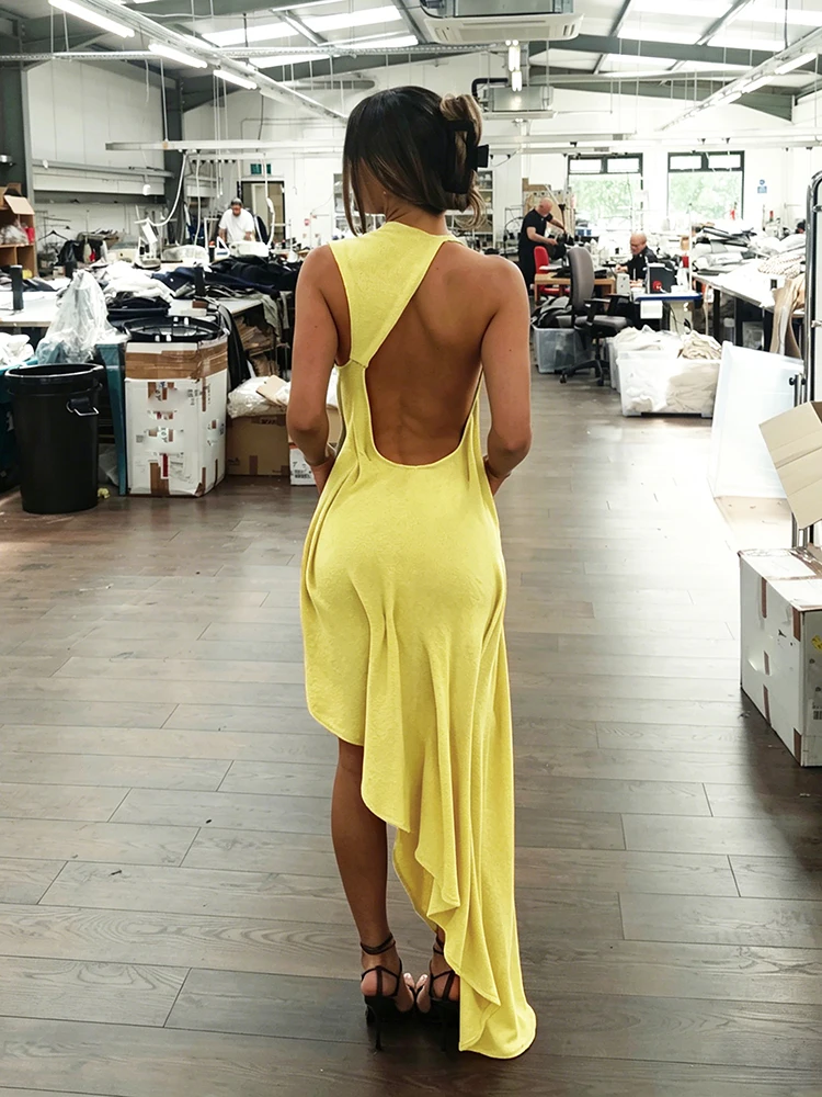 Sisterlinda Trend Fashion Sexy Long Dress Woman Backless O-Neck Sleeveless Irregular Shape Hem Vacation Ruched Elegant Vestidos