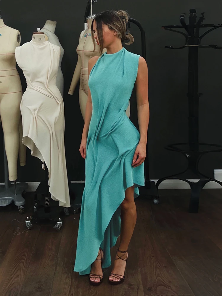Sisterlinda Trend Fashion Sexy Long Dress Woman Backless O-Neck Sleeveless Irregular Shape Hem Vacation Ruched Elegant Vestidos