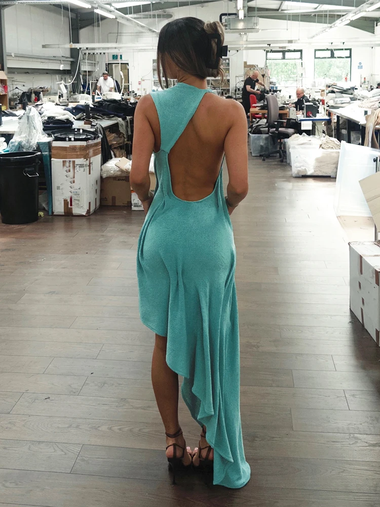 Sisterlinda Trend Fashion Sexy Long Dress Woman Backless O-Neck Sleeveless Irregular Shape Hem Vacation Ruched Elegant Vestidos