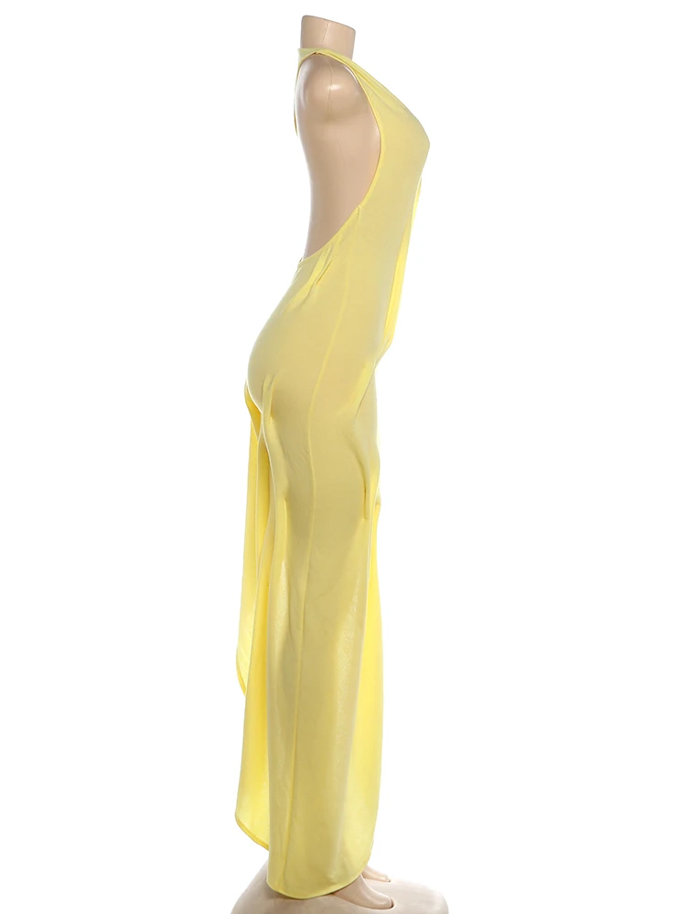 Sisterlinda Trend Fashion Sexy Long Dress Woman Backless O-Neck Sleeveless Irregular Shape Hem Vacation Ruched Elegant Vestidos