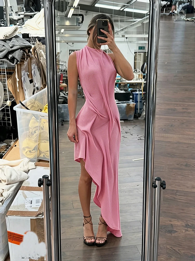 Sisterlinda Trend Fashion Sexy Long Dress Woman Backless O-Neck Sleeveless Irregular Shape Hem Vacation Ruched Elegant Vestidos