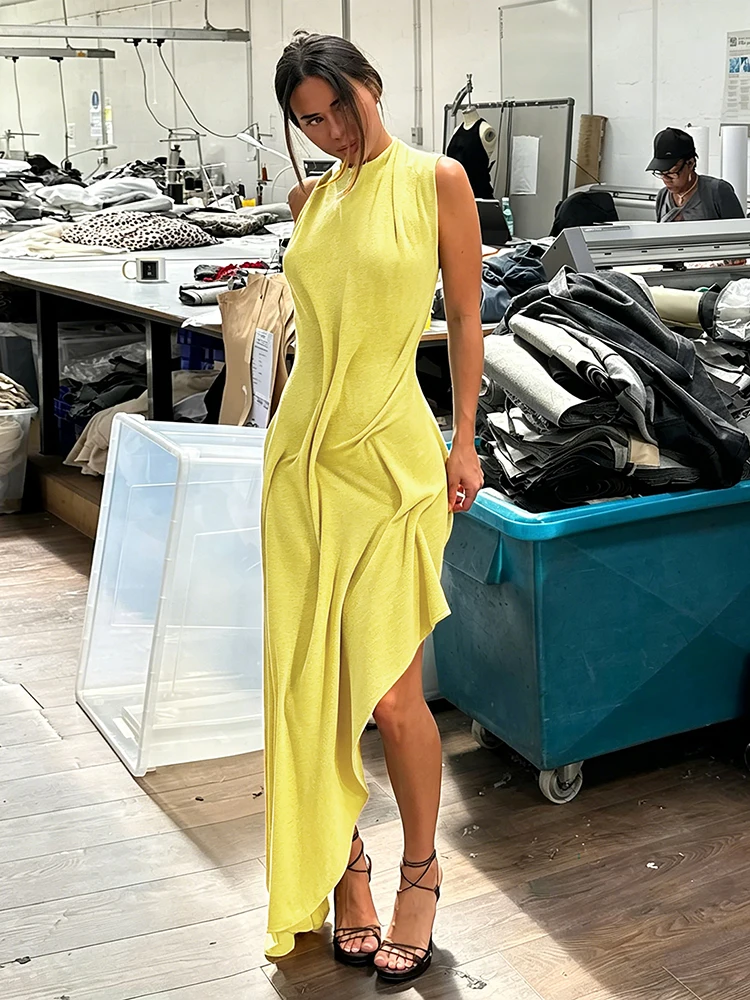 Sisterlinda Trend Fashion Sexy Long Dress Woman Backless O-Neck Sleeveless Irregular Shape Hem Vacation Ruched Elegant Vestidos