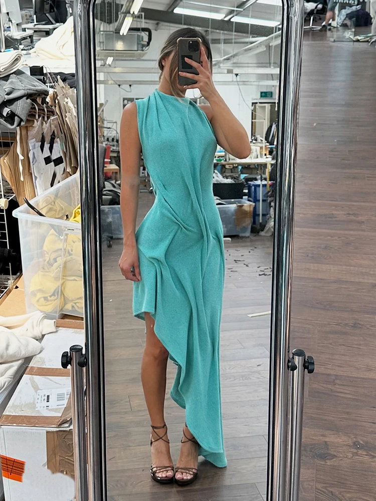 Sisterlinda Trend Fashion Sexy Long Dress Woman Backless O-Neck Sleeveless Irregular Shape Hem Vacation Ruched Elegant Vestidos