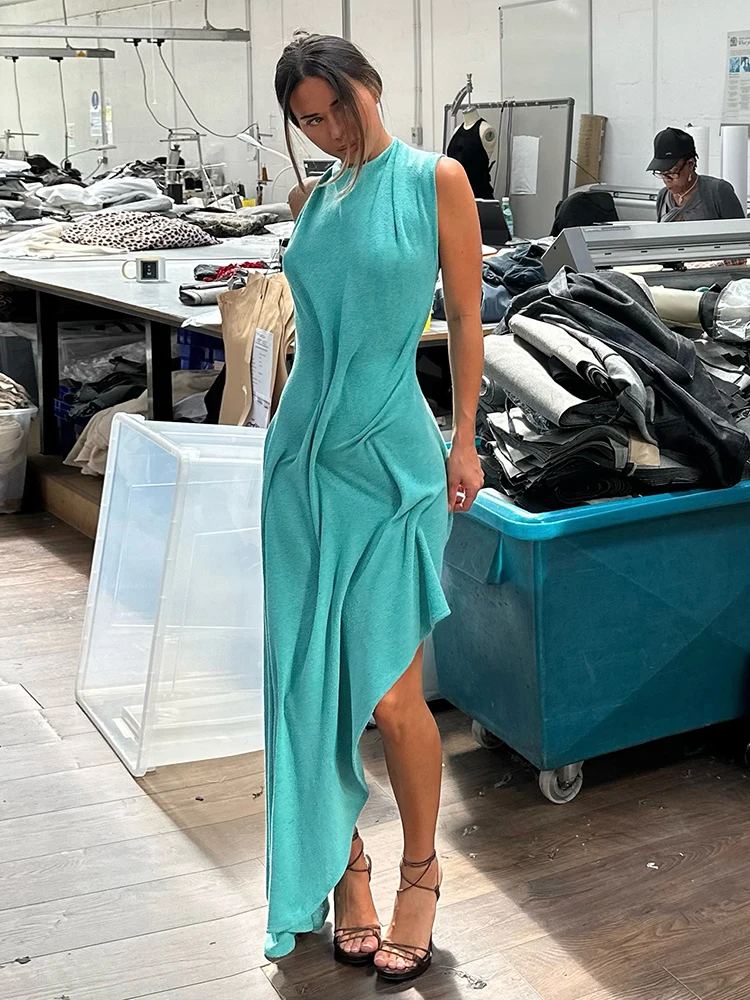 Sisterlinda Trend Fashion Sexy Long Dress Woman Backless O-Neck Sleeveless Irregular Shape Hem Vacation Ruched Elegant Vestidos