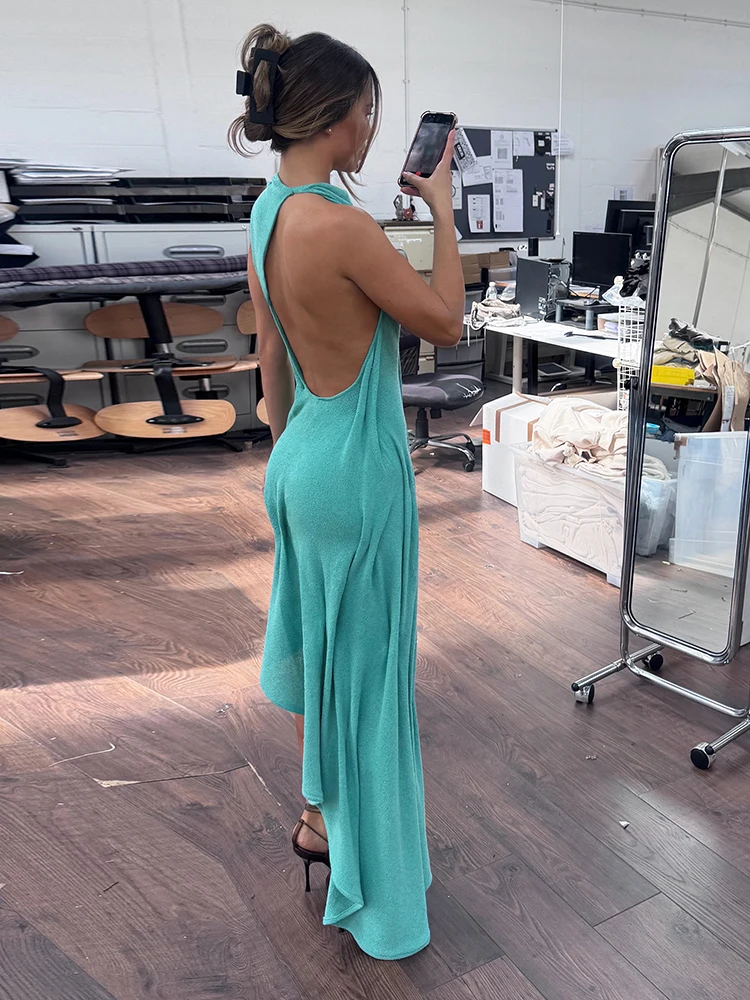 Sisterlinda Trend Fashion Sexy Long Dress Woman Backless O-Neck Sleeveless Irregular Shape Hem Vacation Ruched Elegant Vestidos