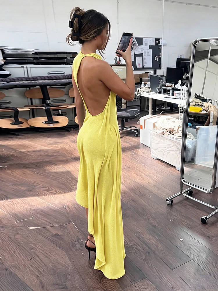 Sisterlinda Trend Fashion Sexy Long Dress Woman Backless O-Neck Sleeveless Irregular Shape Hem Vacation Ruched Elegant Vestidos