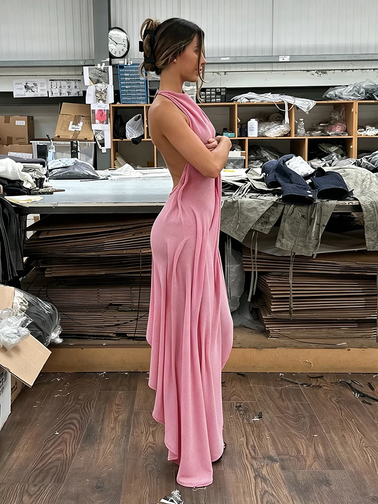 Sisterlinda Trend Fashion Sexy Long Dress Woman Backless O-Neck Sleeveless Irregular Shape Hem Vacation Ruched Elegant Vestidos