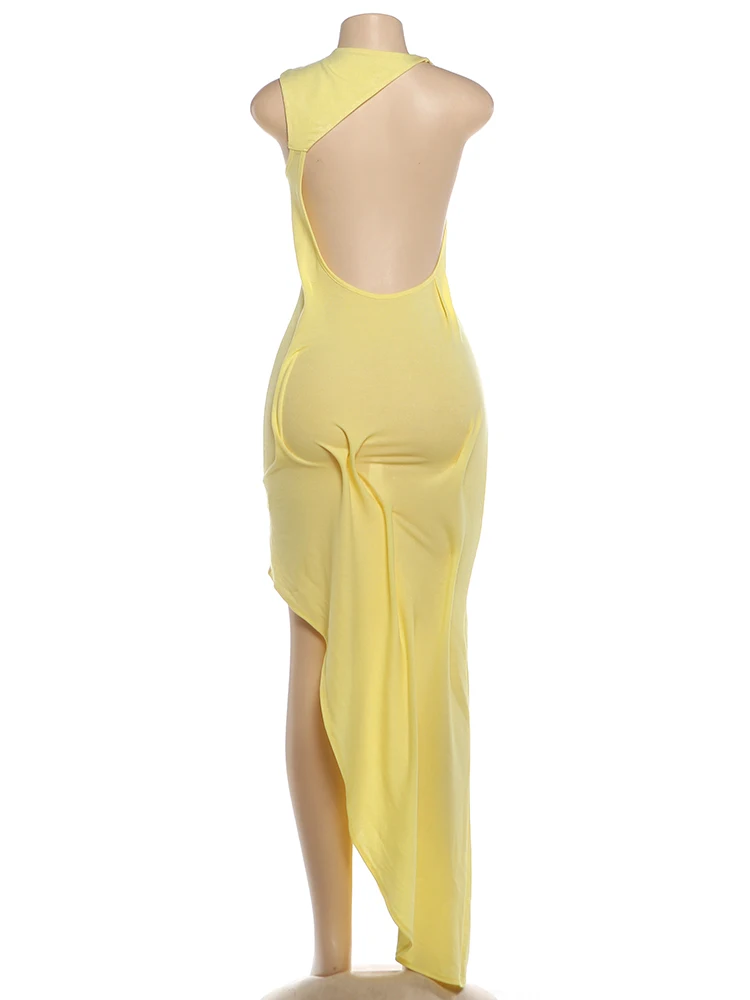 Sisterlinda Trend Fashion Sexy Long Dress Woman Backless O-Neck Sleeveless Irregular Shape Hem Vacation Ruched Elegant Vestidos