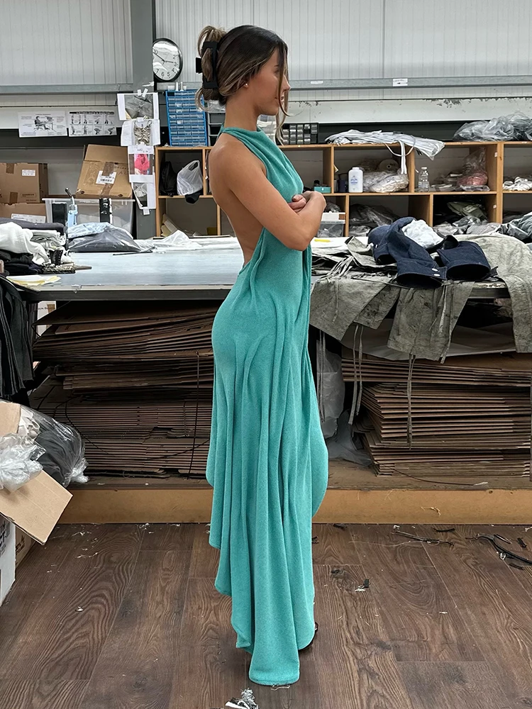 Sisterlinda Trend Fashion Sexy Long Dress Woman Backless O-Neck Sleeveless Irregular Shape Hem Vacation Ruched Elegant Vestidos