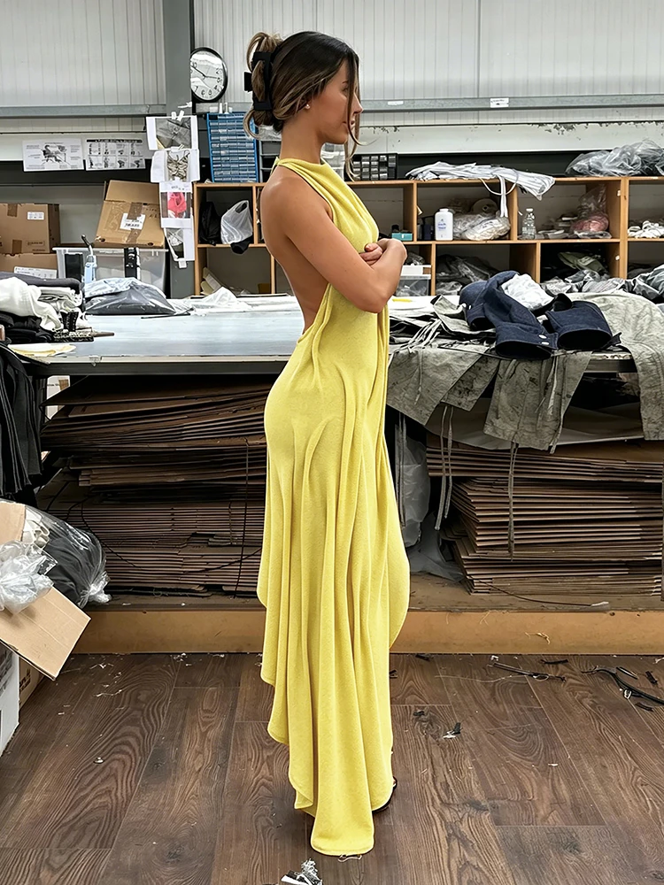 Sisterlinda Trend Fashion Sexy Long Dress Woman Backless O-Neck Sleeveless Irregular Shape Hem Vacation Ruched Elegant Vestidos