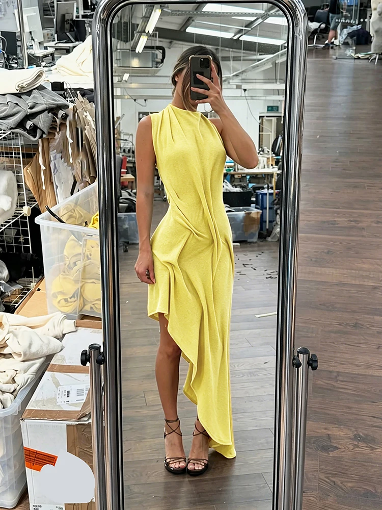 Sisterlinda Trend Fashion Sexy Long Dress Woman Backless O-Neck Sleeveless Irregular Shape Hem Vacation Ruched Elegant Vestidos