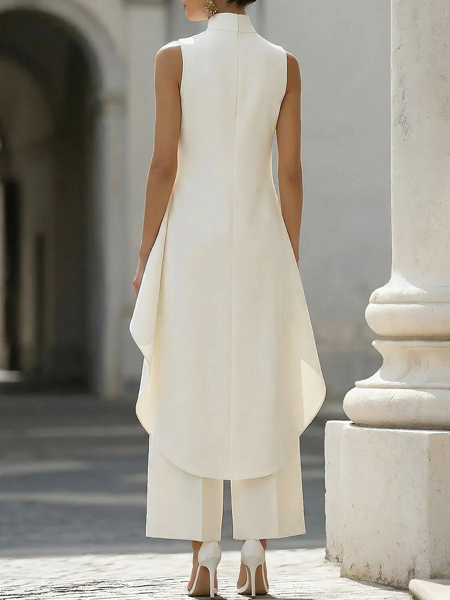 Sleeveless High Neck Jumpsuit With Asymmetric Draped Overlay Wide Leg Culottes Elegant Formal Evening Wear For Women