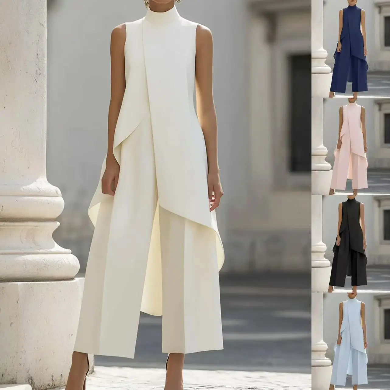 Sleeveless High Neck Jumpsuit With Asymmetric Draped Overlay Wide Leg Culottes Elegant Formal Evening Wear For Women