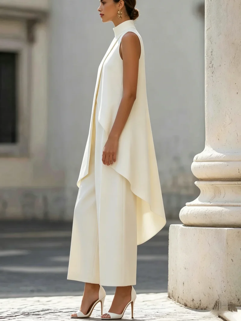 Sleeveless High Neck Jumpsuit With Asymmetric Draped Overlay Wide Leg Culottes Elegant Formal Evening Wear For Women
