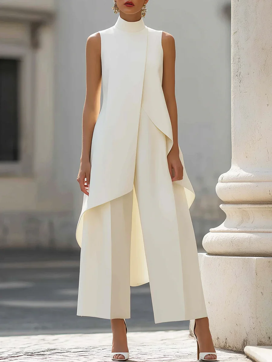 Sleeveless High Neck Jumpsuit With Asymmetric Draped Overlay Wide Leg Culottes Elegant Formal Evening Wear For Women