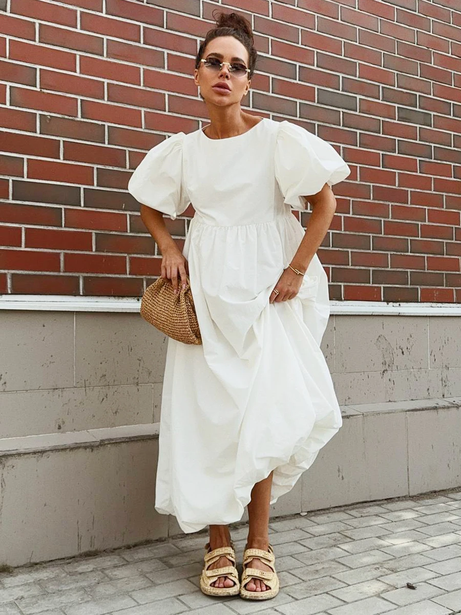 Bornladies Summer Cotton Women's Oversized Bubble Sleeve Dresses Fashionable Ladies O-Neck Chic Short Sleeve Loose Long Dress