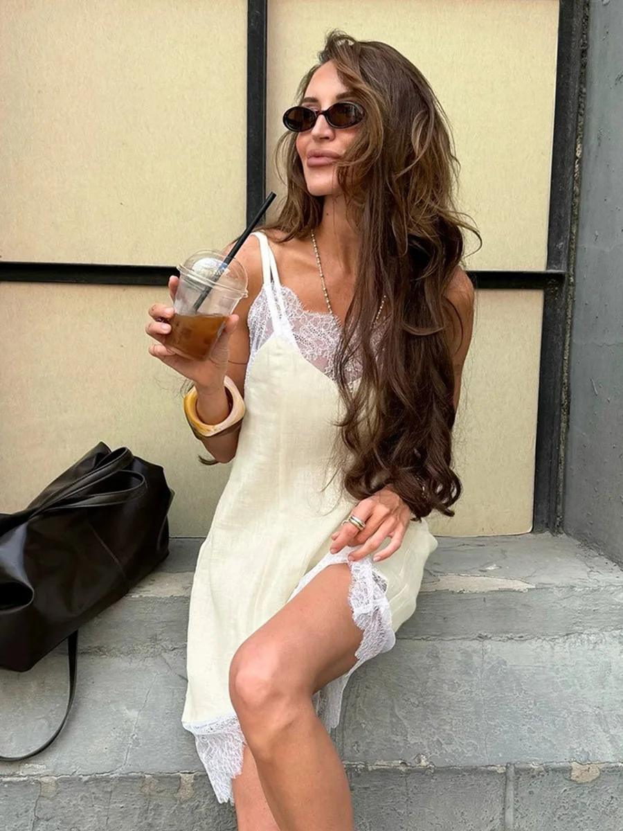 Bornlandies 2026 New Summer Casual Lace Patchwork Camisole Skirt Cotton Loose Light Yellow Sleeveless Dress