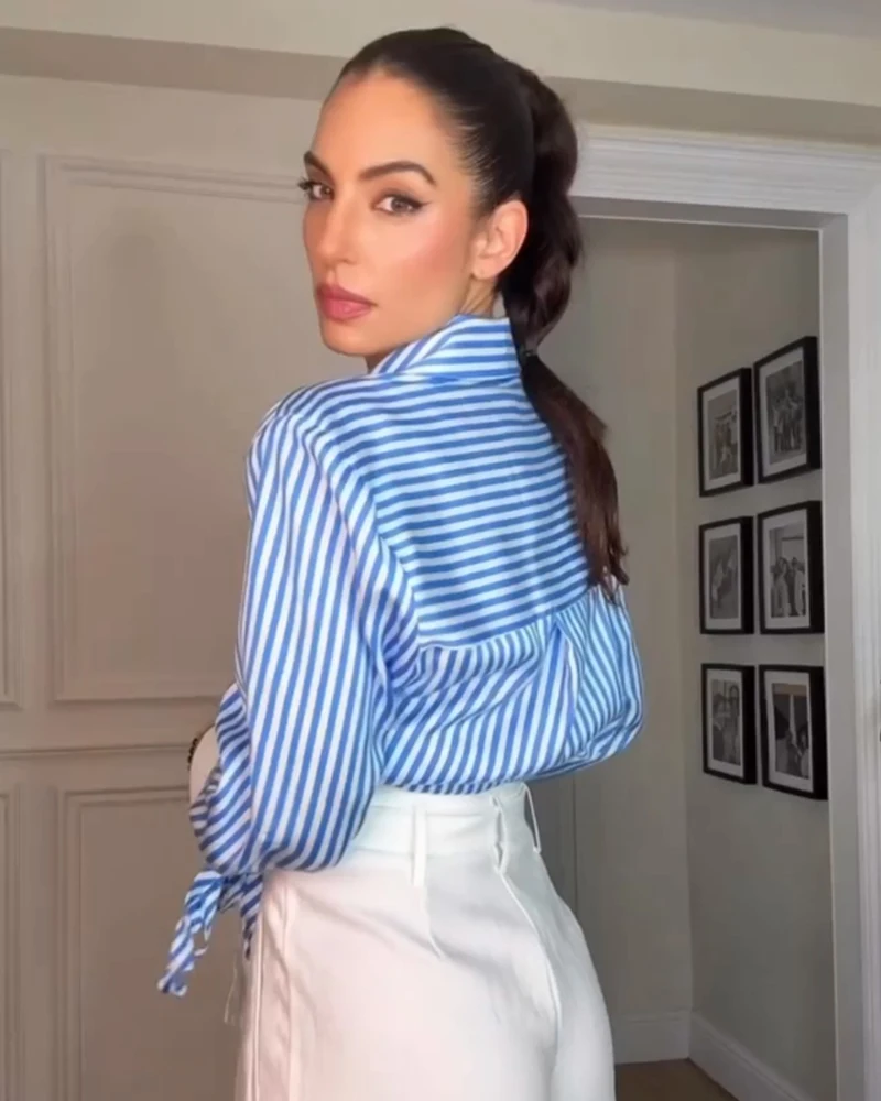 Women's Shirt 2026 Summer New Fashion Bow-tie Striped Shirt Jacket for Women Elegance Chic New Daily Ladies Shirt