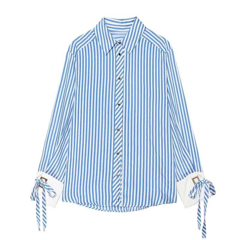Women's Shirt 2026 Summer New Fashion Bow-tie Striped Shirt Jacket for Women Elegance Chic New Daily Ladies Shirt