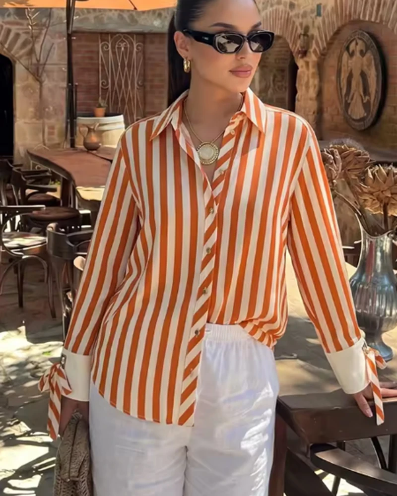 Women's Shirt 2026 Summer New Fashion Bow-tie Striped Shirt Jacket for Women Elegance Chic New Daily Ladies Shirt