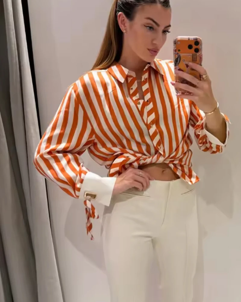 Women's Shirt 2026 Summer New Fashion Bow-tie Striped Shirt Jacket for Women Elegance Chic New Daily Ladies Shirt