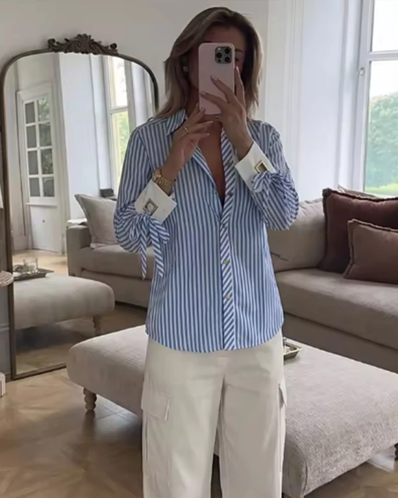Women's Shirt 2026 Summer New Fashion Bow-tie Striped Shirt Jacket for Women Elegance Chic New Daily Ladies Shirt