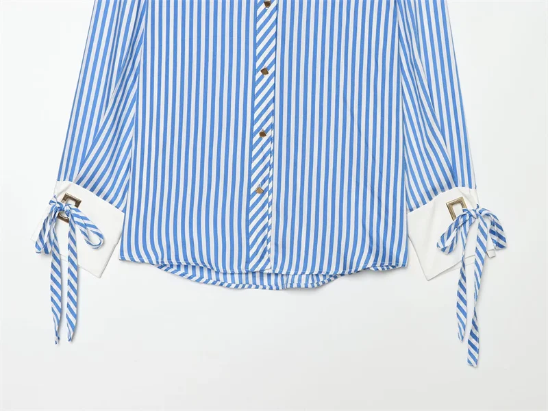 Women's Shirt 2026 Summer New Fashion Bow-tie Striped Shirt Jacket for Women Elegance Chic New Daily Ladies Shirt
