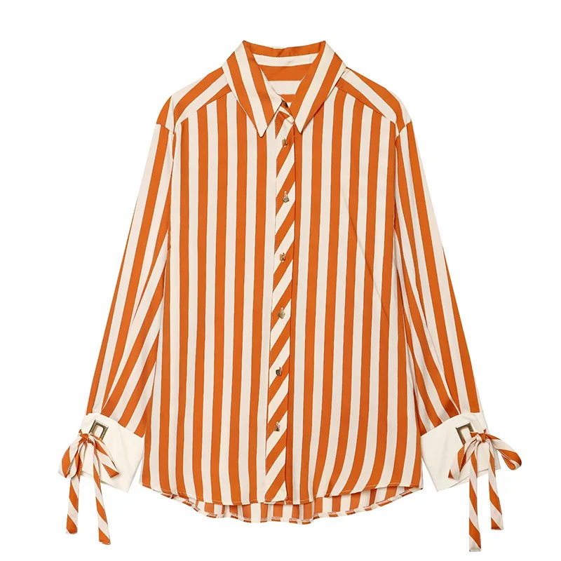 Women's Shirt 2026 Summer New Fashion Bow-tie Striped Shirt Jacket for Women Elegance Chic New Daily Ladies Shirt