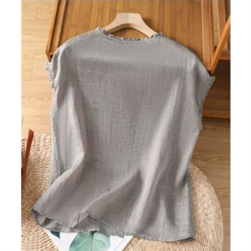 Women Cotton Linen Sleeveless Blouse Ruffle Collar Button Elegant Flying Sleeve Design Shirt Ladies Office Breathable Cardigan