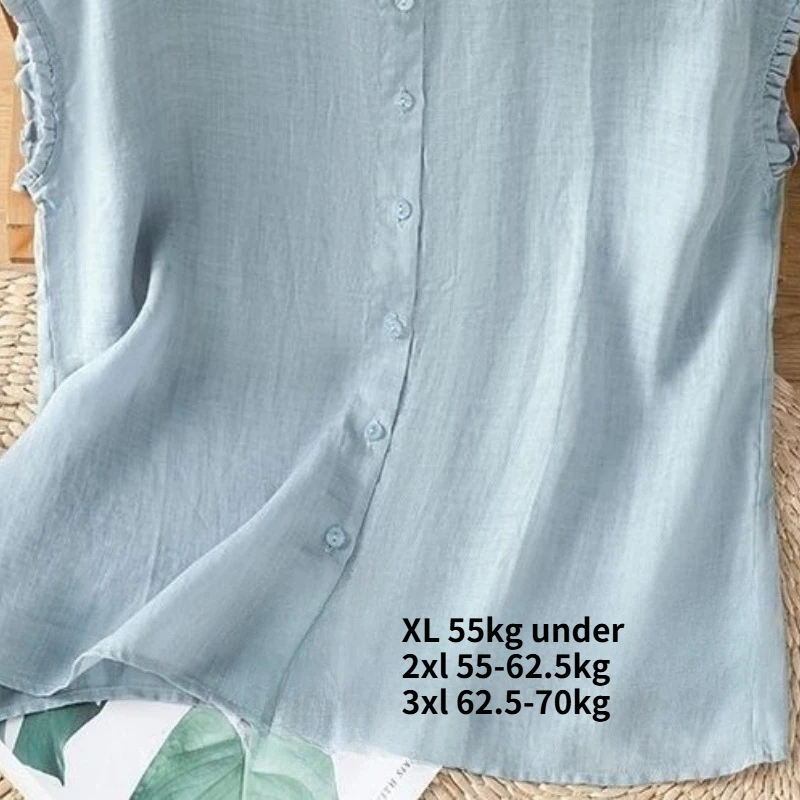 Women Cotton Linen Sleeveless Blouse Ruffle Collar Button Elegant Flying Sleeve Design Shirt Ladies Office Breathable Cardigan