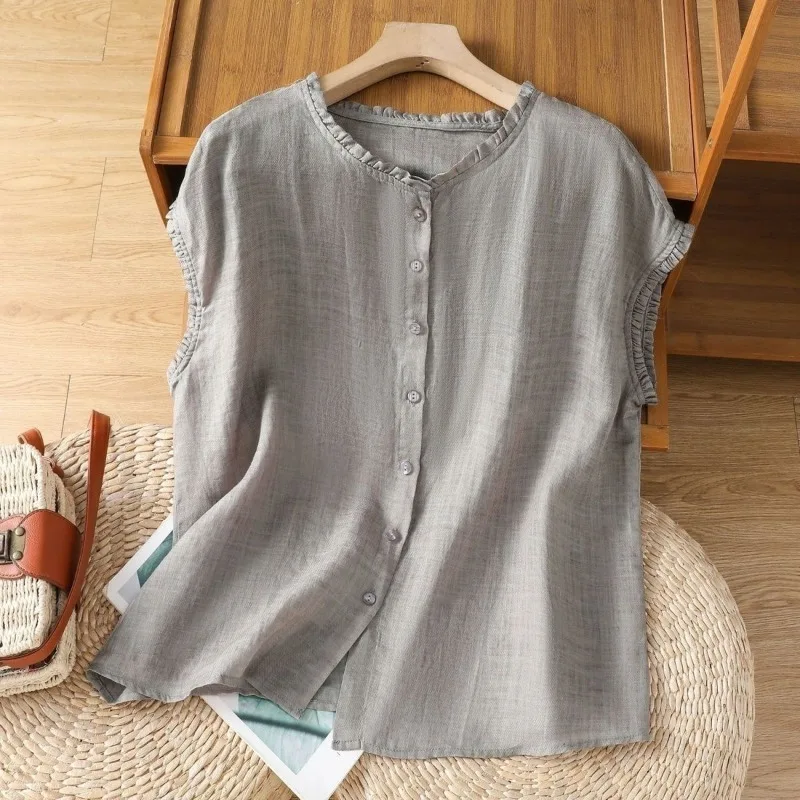 Women Cotton Linen Sleeveless Blouse Ruffle Collar Button Elegant Flying Sleeve Design Shirt Ladies Office Breathable Cardigan