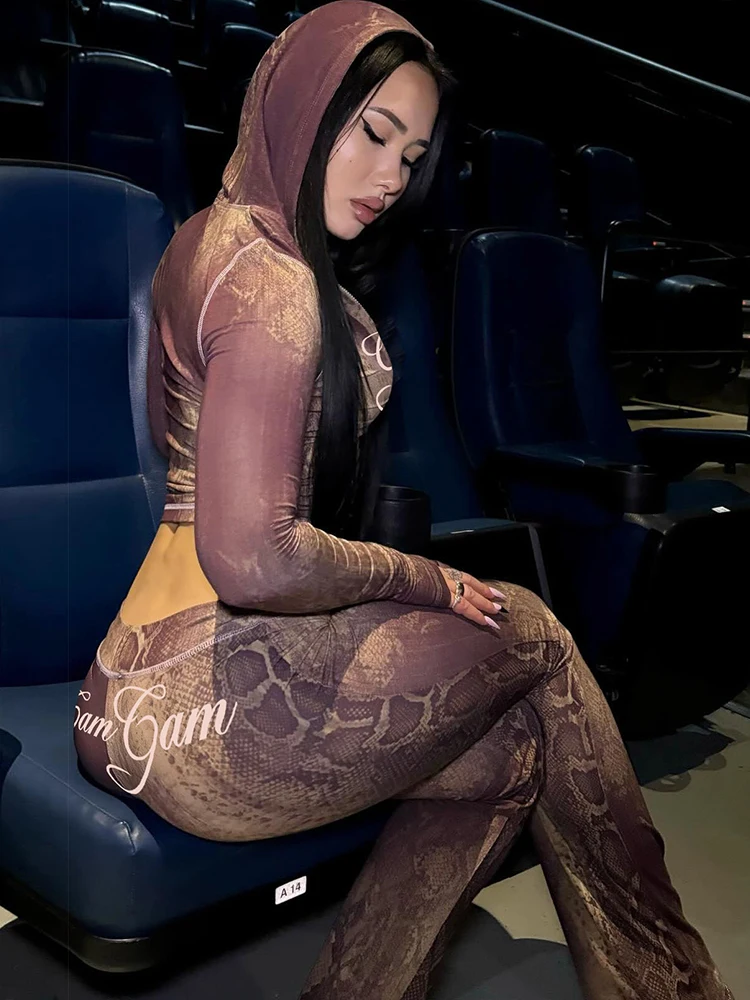 Weird Puss Letter Snake Print Tracksuit 2-Piece Set Women Patchwork Zip Jacket+Pants Matching Casual Stretch Streetwear Outfits