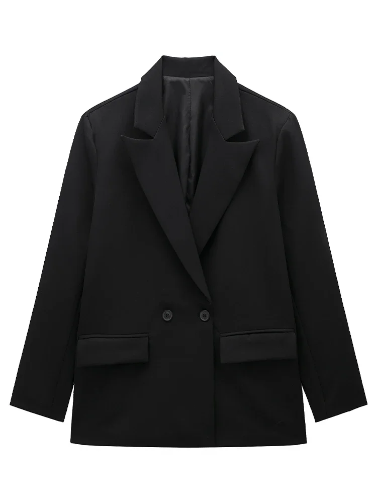 Willshela Women Fashion With Pockets Solid Double Breasted Blazer Vintage Long Sleeves Notched Neck Female Office Lady Outfits