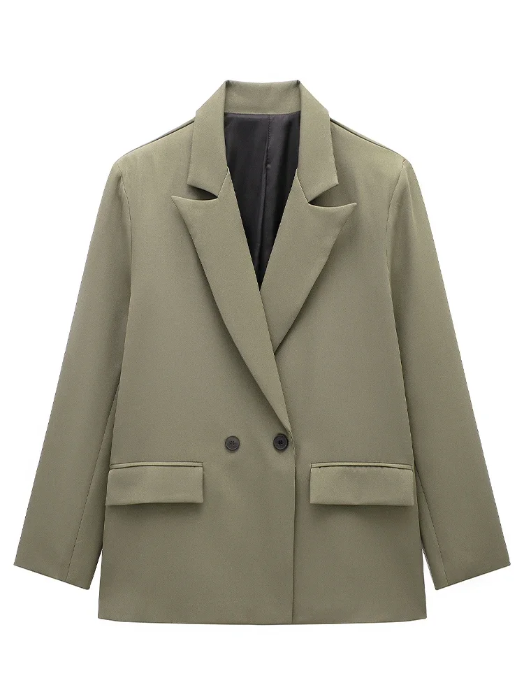 Willshela Women Fashion With Pockets Solid Double Breasted Blazer Vintage Long Sleeves Notched Neck Female Office Lady Outfits