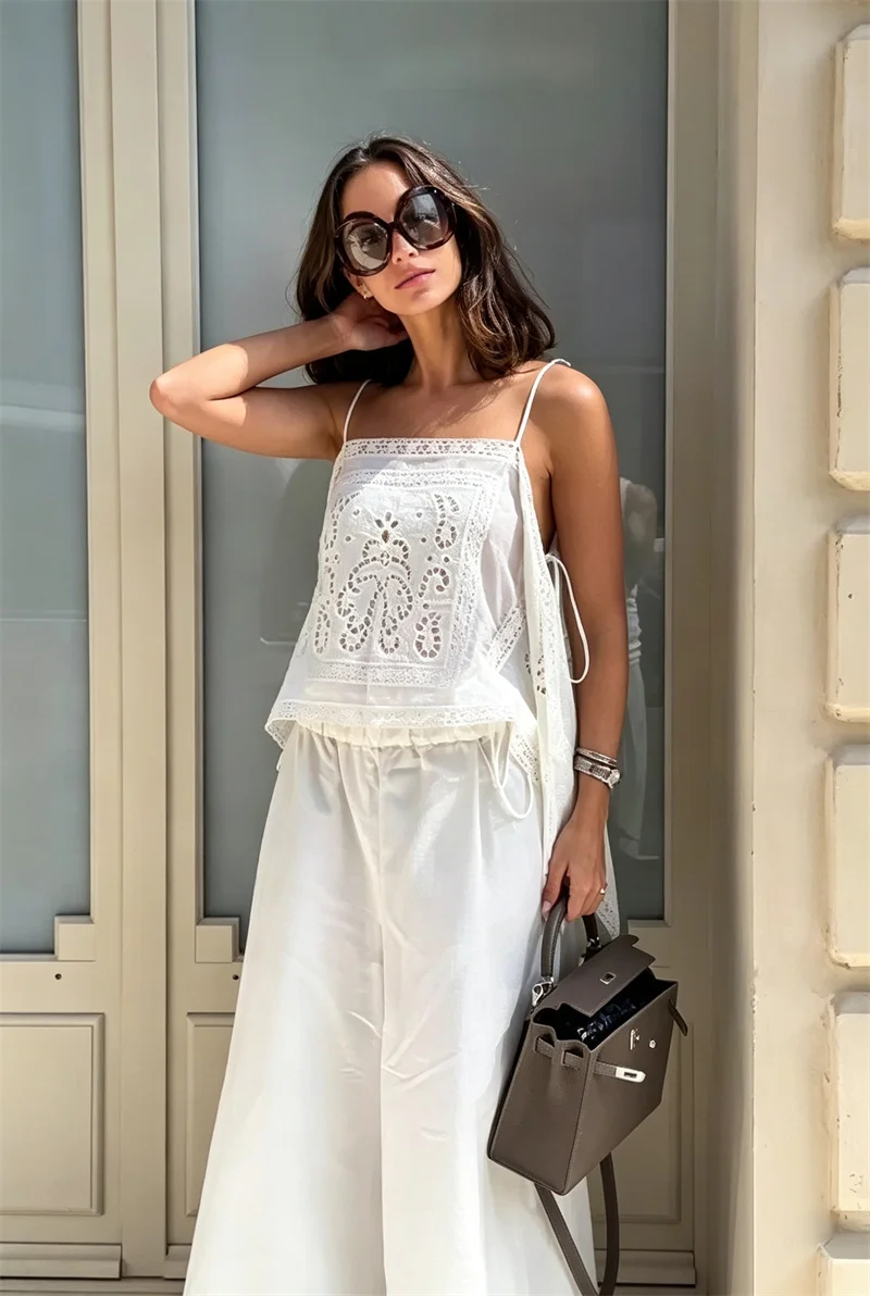Guobioziy 2026 Women's Summer Spaghetti Strap Top Boho Beachwear Hollow Embroidery Casual Vacation Blouse
