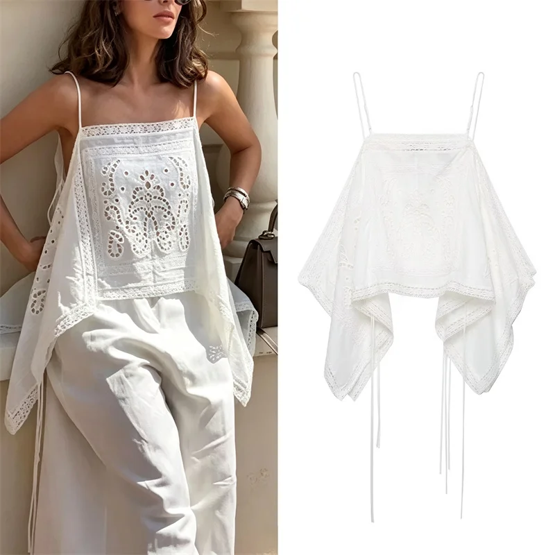Guobioziy 2026 Women's Summer Spaghetti Strap Top Boho Beachwear Hollow Embroidery Casual Vacation Blouse