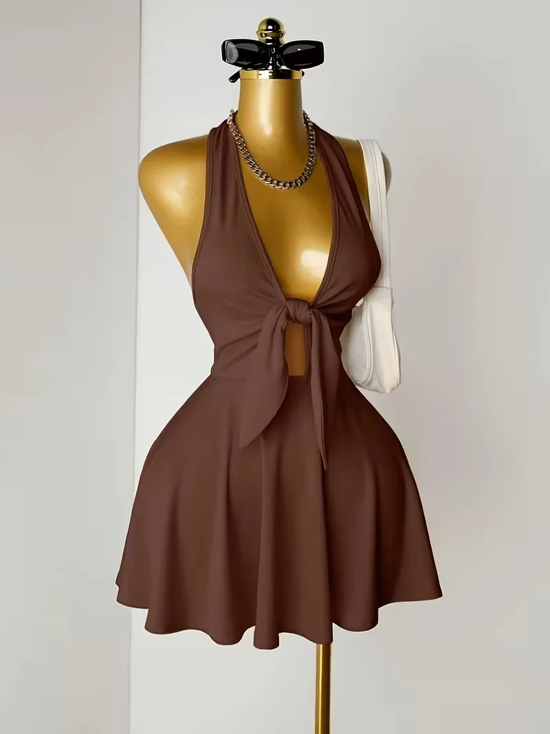 Women Halter Deep V Front Tie Cut Out Mini Dress 2026 Summer Y2K Night Club Party Flare Skirt Dresses