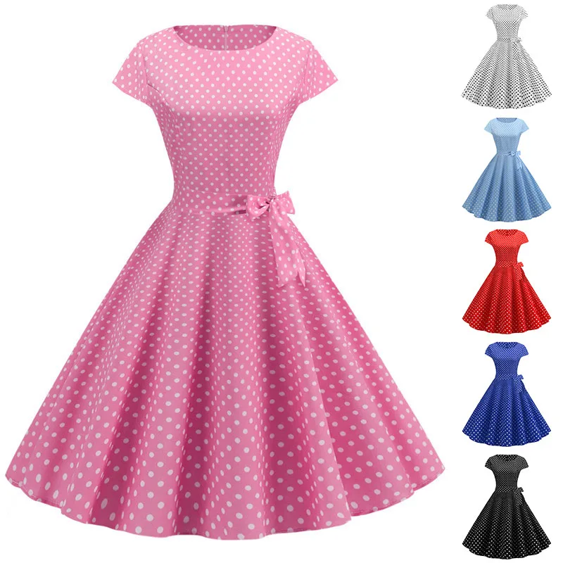 Women Summer Dresses Robe Vintage 1950s 60s Pin Up Big Swing Party Work Wear Rockabilly Dress White Polka Dot Vestidos