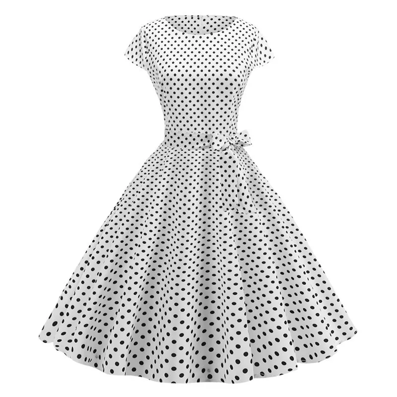 Women Summer Dresses Robe Vintage 1950s 60s Pin Up Big Swing Party Work Wear Rockabilly Dress White Polka Dot Vestidos