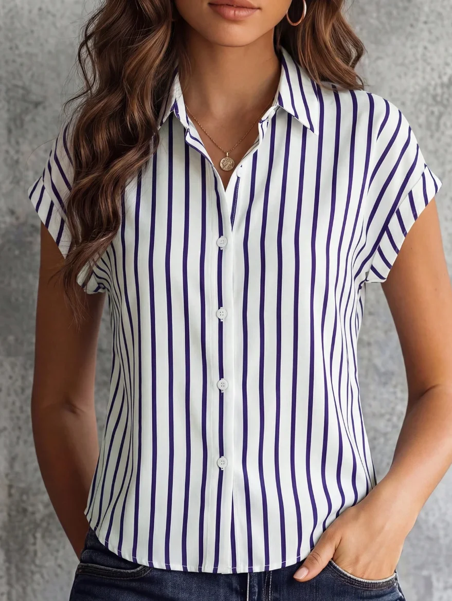 [Elegant Orientation] Summer Fashion Women's Striped Single-Breasted Collar Drop-Shoulder Short-Sleeve Shirt