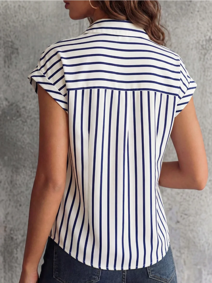 [Elegant Orientation] Summer Fashion Women's Striped Single-Breasted Collar Drop-Shoulder Short-Sleeve Shirt