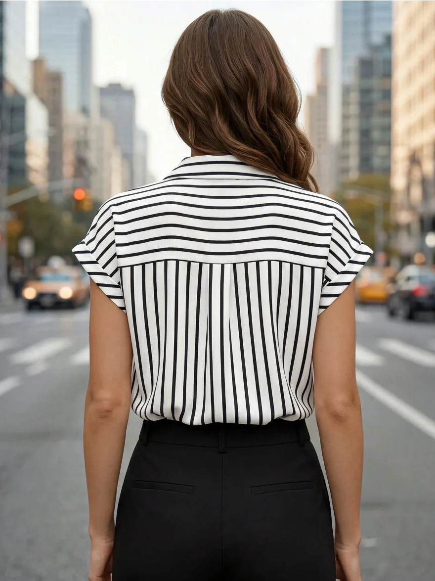 [Elegant Orientation] Summer Fashion Women's Striped Single-Breasted Collar Drop-Shoulder Short-Sleeve Shirt