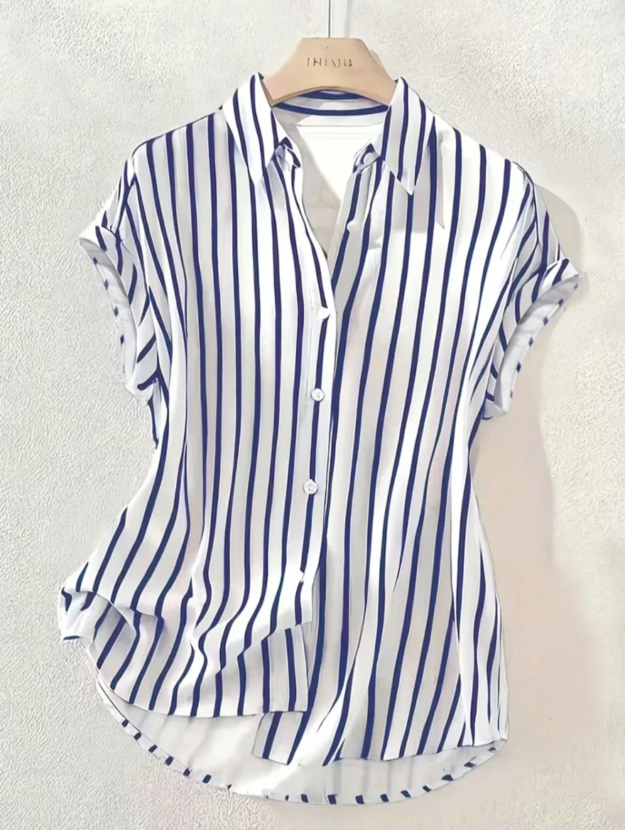 [Elegant Orientation] Summer Fashion Women's Striped Single-Breasted Collar Drop-Shoulder Short-Sleeve Shirt